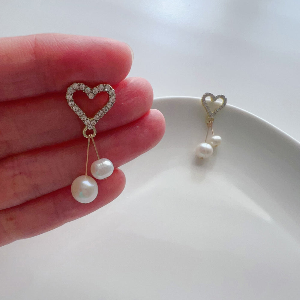 Freshwater Pearls Heart Dangle CZ Earrings