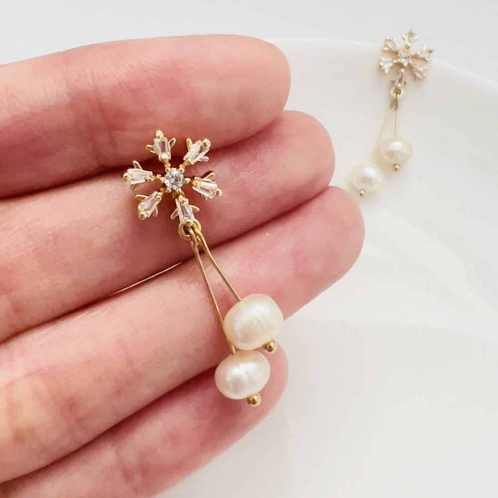 Sterling Silver Snowflake Freshwater Pearl Drop Earrings