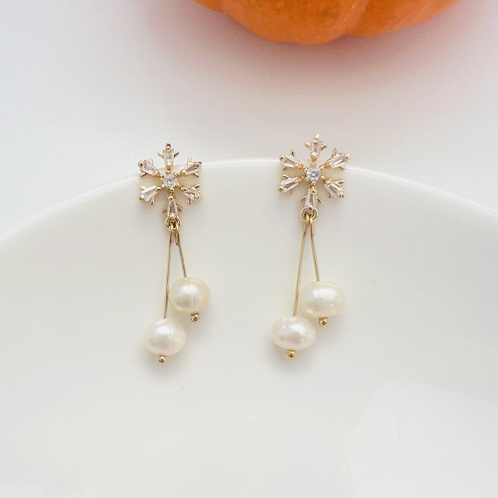 Sterling Silver Snowflake Freshwater Pearl Drop Earrings