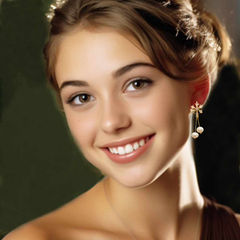 Sterling Silver Snowflake Freshwater Pearl Drop Earrings