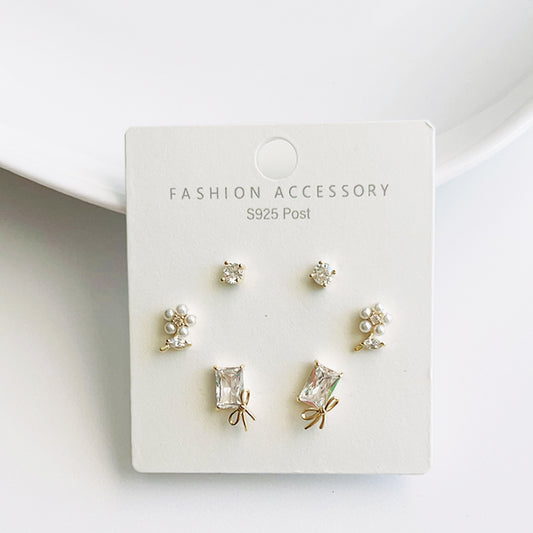 3 Pairs Sterling Sliver Earring Studs with 14K Gold Plated