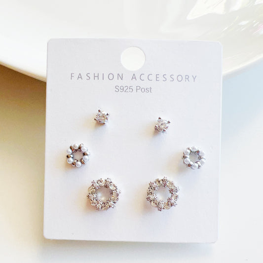 3 Pairs 925 Sterling Sliver Earring Studs with Cubic Zirconia